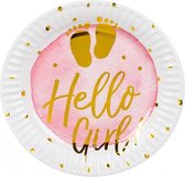 bordjes Hello Girl! meisjes 18 cm papier wit/roze 6 stuks