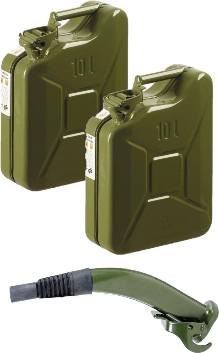 Set de 2x jerrican métallique 20 litres vert armée - convient pour carburant  - essence