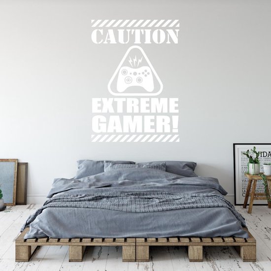 Muursticker Caution Extreme Gamer - Wit - 86 x 120 cm - baby en kinderkamer - game baby en kinderkamer alle
