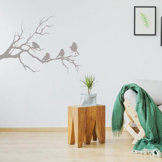 Muursticker Vogels Op Tak - Zilver - 100 x 75 cm - slaapkamer woonkamer alle
