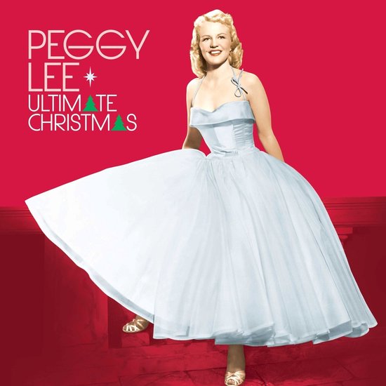 Peggy Lee in een witte jurk op een rode achtergrond voor Ultimate Christmas.
