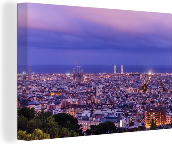 Barcelona skyline bij schemering Canvas 180x120 cm - Foto print op Canvas schilderij (Wanddecoratie)