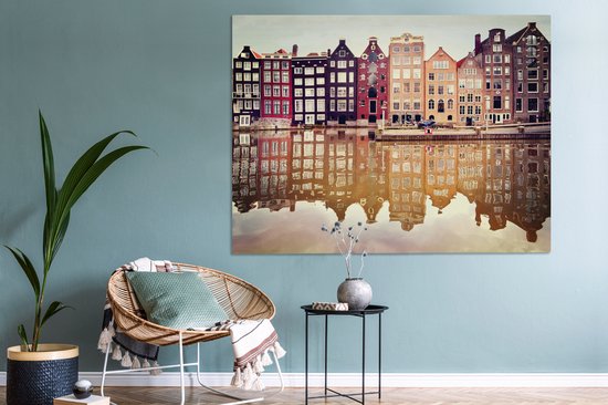 Réflexion des façades typiques dans l'eau en toile 180x120 cm - Tirage photo sur toile peinture Décoration murale salon / chambre à coucher) / Villes toile Peintures XXL / Groot format!