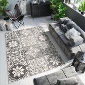 Tapiso Ethno Vloerkleed Woonkamer Slaapkamer Antraciet Creme Mozaiek Abstract Sfeervol Design Trendy Praktisch Duurzaam Hoogwaardig Tapijt Maat - 140x200
