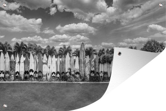 Muurdecoratie Een rij van surfborden bij het Amerikaanse Hawaii - zwart wit - 180x120 cm - Tuinposter - Tuindoek - Buitenposter