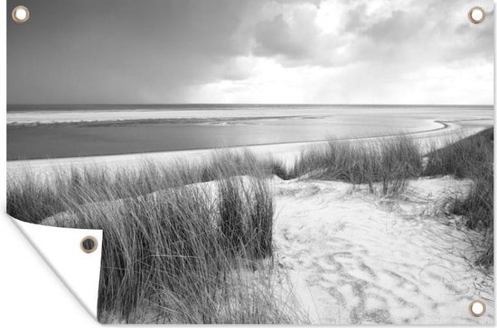 Duinen met strandgras voor de Noordzee - zwart wit