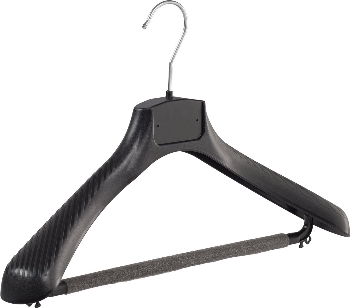 De Kledinghanger Gigant - 10 x Mantelhanger / kostuumhanger kunststof zwart met schouderverbreding en anti-slip broeklat (2 mm schuim), 42 cm