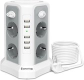 Stekkerdoos 5 meter - Zinaps 8-Way Power Strip met 5 m kabel, meervoudig aansluiting met 5 USB 12 W, Socket Tower met 4 schakelaars, Power Strip Surge Protection, Geschikt voor Thu