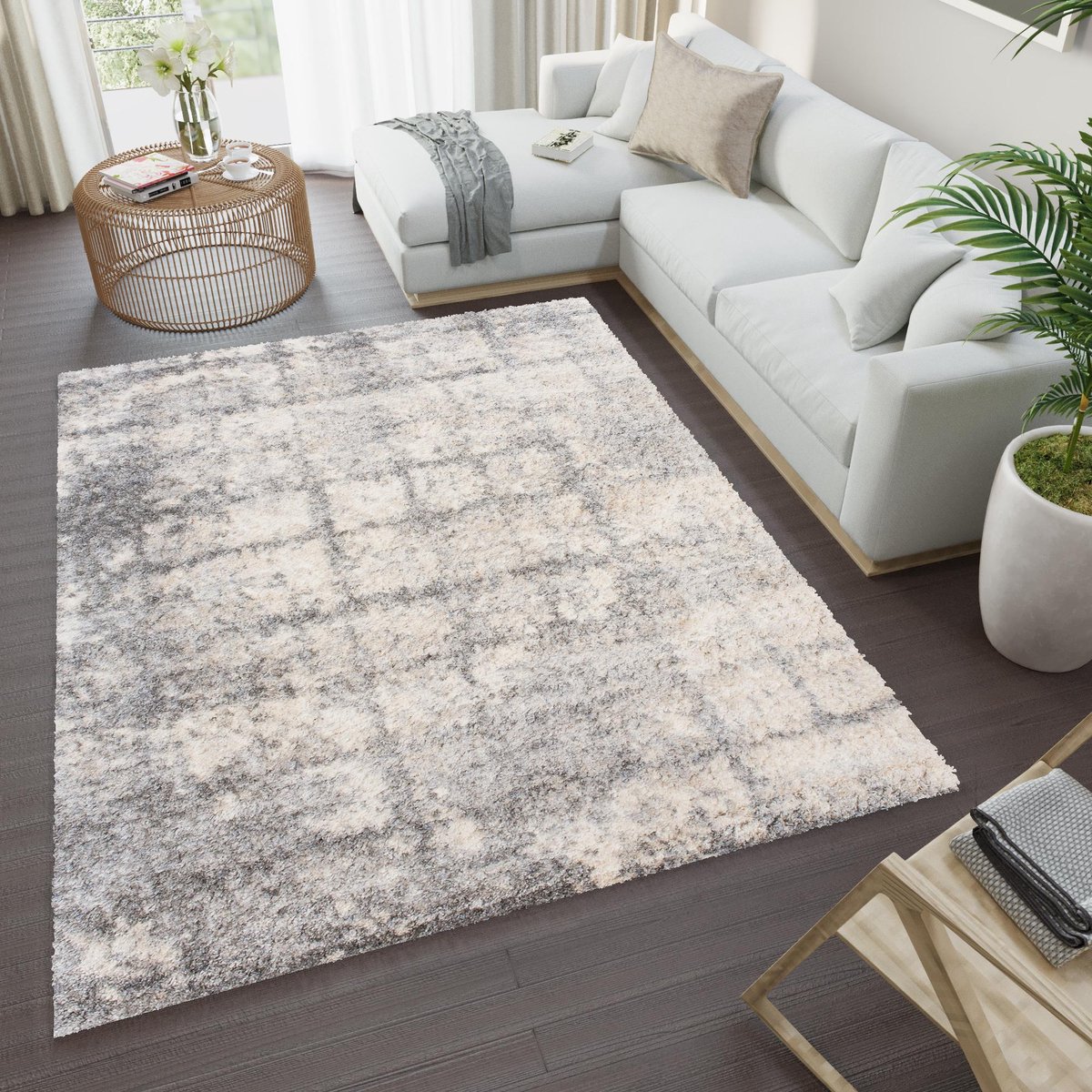 Tapiso Versay Vloerkleed Hoogpolig Slaapkamer Tapijten Shaggy Maat- 80x150 Grijs Beige1