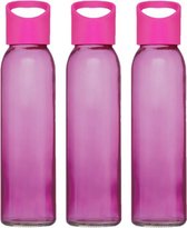 3x stuks glazen waterfles/drinkfles transparant roze met schroefdop met handvat 500 ml - Sportfles - Bidon