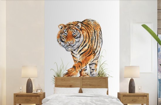 Behang - Fotobehang Tijger - Poten - Gras - Breedte 160 cm x hoogte 240 cm