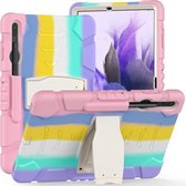 Voor Samsung Galaxy Tab S7 +/S7 FE 12,4 inch 3-laags beschermingsschermframe + pc + siliconen schokbestendig combinatiehoesje met houder (kleurrijk roze)