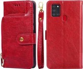 Voor Samsung Galaxy A21s Rits Tas PU + TPU Horizontale Flip Lederen Case met Houder & Kaartsleuf & Portemonnee & Lanyard (Rood)