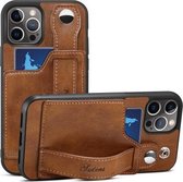 TPU + PU lederen schokbestendige beschermhoes met kaartsleuven en draagriem voor iPhone 13 (bruin)