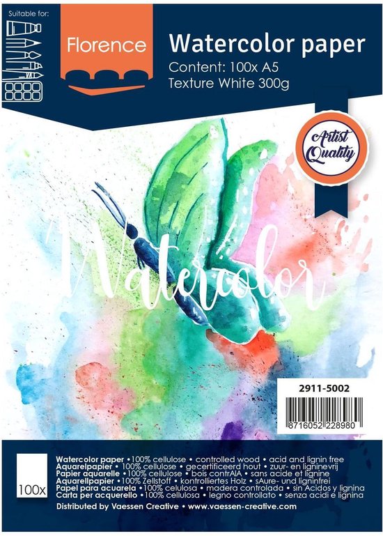 Aquarelpapier – Intens White – A5 – 300 grams – Lichte Structuur – Texture – Florence – 100 vellen