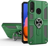 Voor Samsung Galaxy A20s koolstofvezelpatroon pc + TPU-beschermhoes met ringhouder (groen)