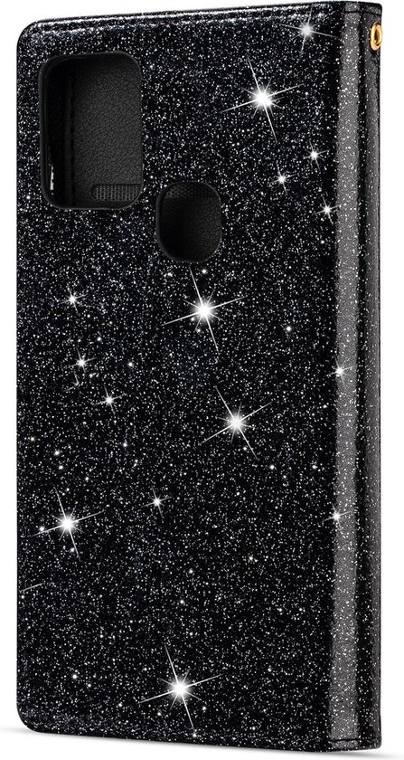 iPhone XR Luxe Glitter Livre Étui avec cordon - motif de fleur - Fermeture magnétique - Porte - monnaie avec fermeture éclair - Porte-cartes - Apple iPhone XR - Zwart