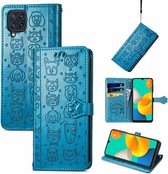 Voor Gaxlay M32 Leuke Kat en Hond Reliëf Horizontale Flip Lederen Case met Houder & Kaartsleuven & Portemonnee & Lanyard (Blauw)