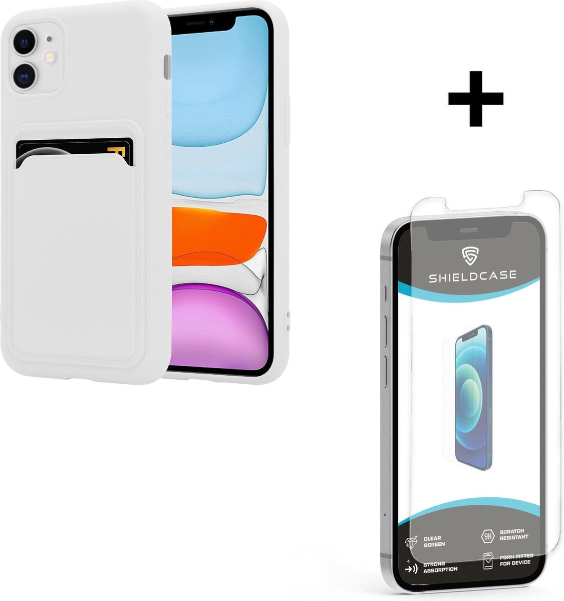 ShieldCase telefoonhoesje geschikt voor Apple iPhone 12 / 12 Pro siliconen hoesje met pasjeshouder - wit + glazen Screen Protector