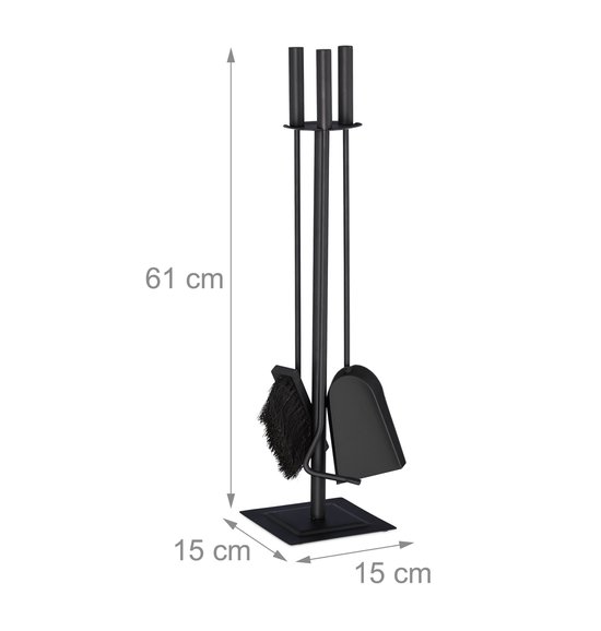 Afmetingen van zwart haardstel: hoogte 61 cm, breedte/diepte basis 15 cm.