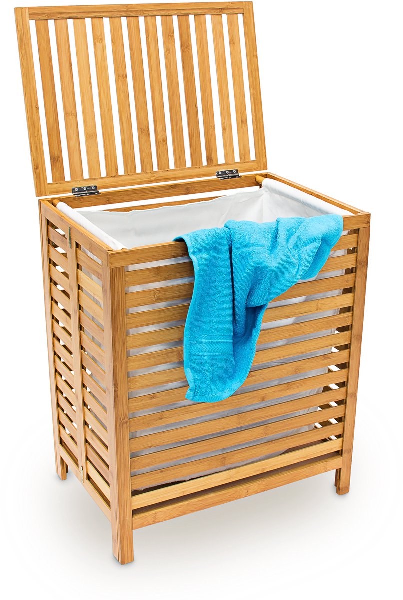 Relaxdays wasmand bamboe, hoekige opbergmand met deksel, voor vuile was
