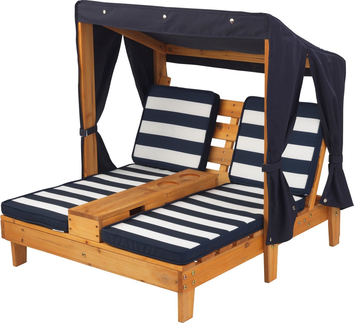 KidKraft Tweepersoons chaise longue met bekerhouders - Honingkleur met blauwe en witte strepen