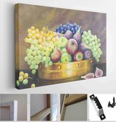 Original oil painting on canvas - Still life with fruit in copper pan on dark brown background - Modern Art Canvas - Horizontal - 749193640 - 80*60 Horizontal