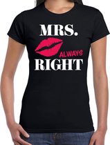 Mrs always right t-shirt zwart met roze lippen voor dames - Vrijgezellenfeest shirt/ bruiloft huwelijk koppel cadeau 2XL