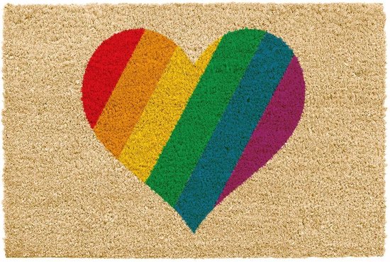 Paillasson en noix de coco fantaisie colorée à imprimé coeur Rainbow