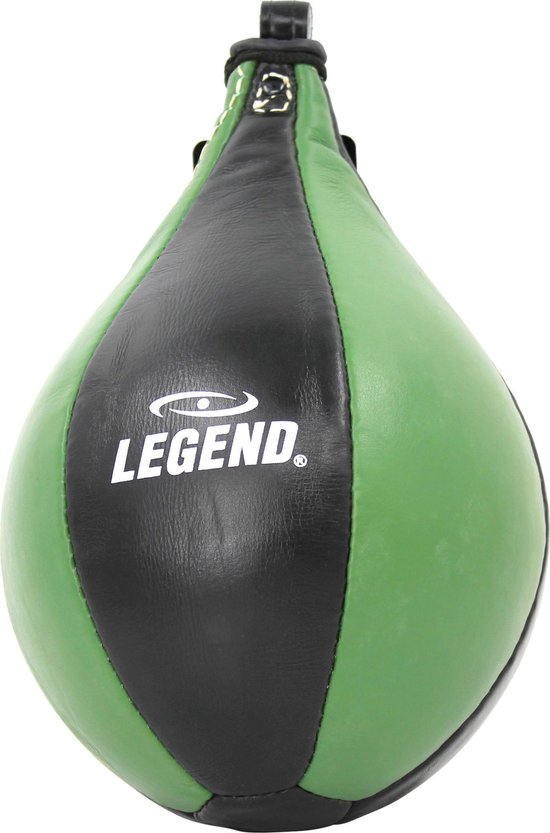 Tweekleurige bokszak, groen met zwart, met wit 'LEGEND' logo.