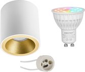 Mi-Light MiBoxer - Opbouwspot Set GU10 - Smart LED - Wifi LED - Slimme LED - 4W - RGB+CCT - Aanpasbare Kleur - Dimbaar - Pragmi Cliron Pro - Opbouw Rond - Mat Wit/Goud - Verdiept - Ø90mm - BS