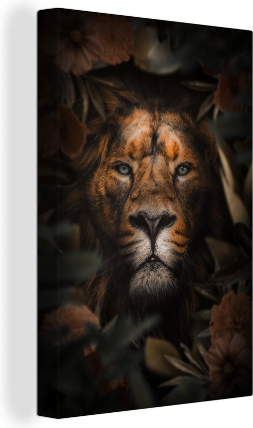 Canvas Schilderij Leeuw - Jungle - Zwart - 80x120 cm - Wanddecoratie