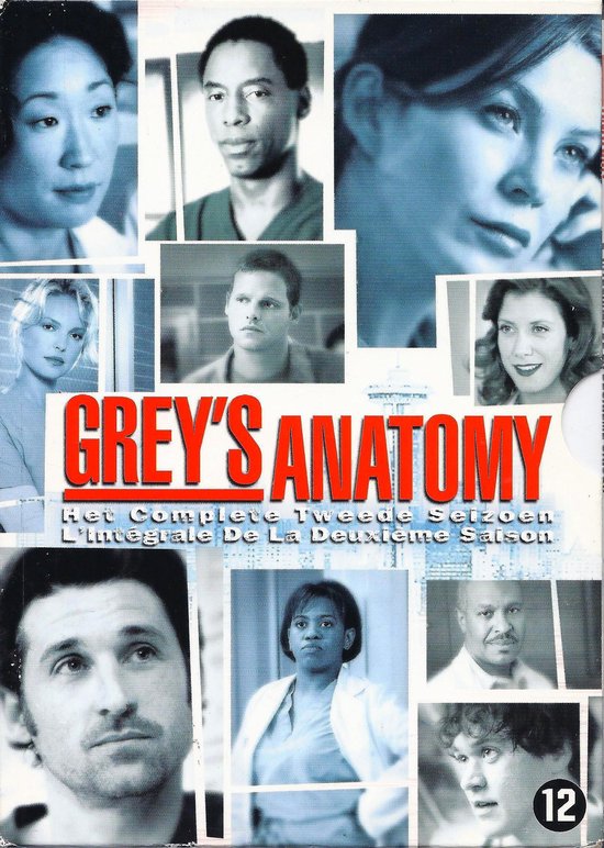 Collage van de hoofdrolspelers van Grey's Anatomy, inclusief titel.