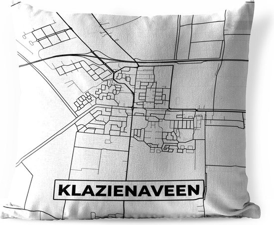 Sierkussen Buiten - Kaart - Klazienaveen - Zwart - Wit - 60x60 cm - Weerbestendig