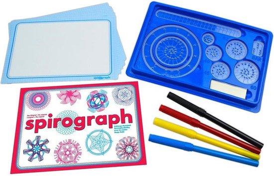 Spirograph set met blauw bakje, tekenpapier, handleiding en vier gekleurde stiften.