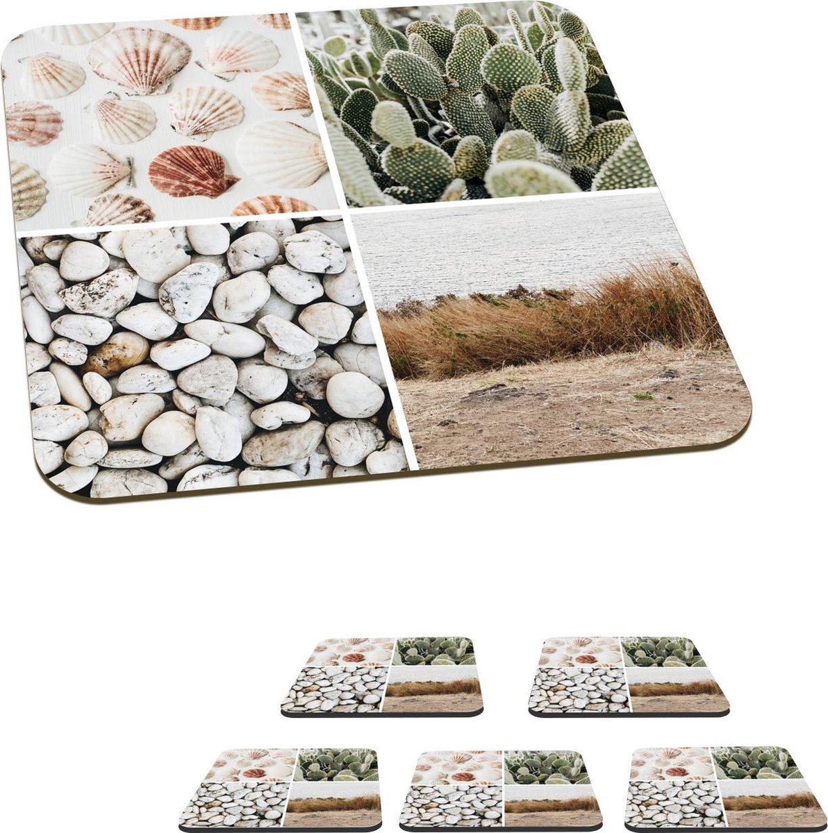 Onderzetters voor glazen - Collage - Zand - Stenen - 10x10 cm - Glasonderzetters - 6 stuks