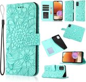 Voor Samsung Galaxy A32 4G Huid Voelen Reliëf Zonnebloem Horizontale Flip Lederen Case met Houder & Kaartsleuven & Portemonnee & Lanyard (Groen)