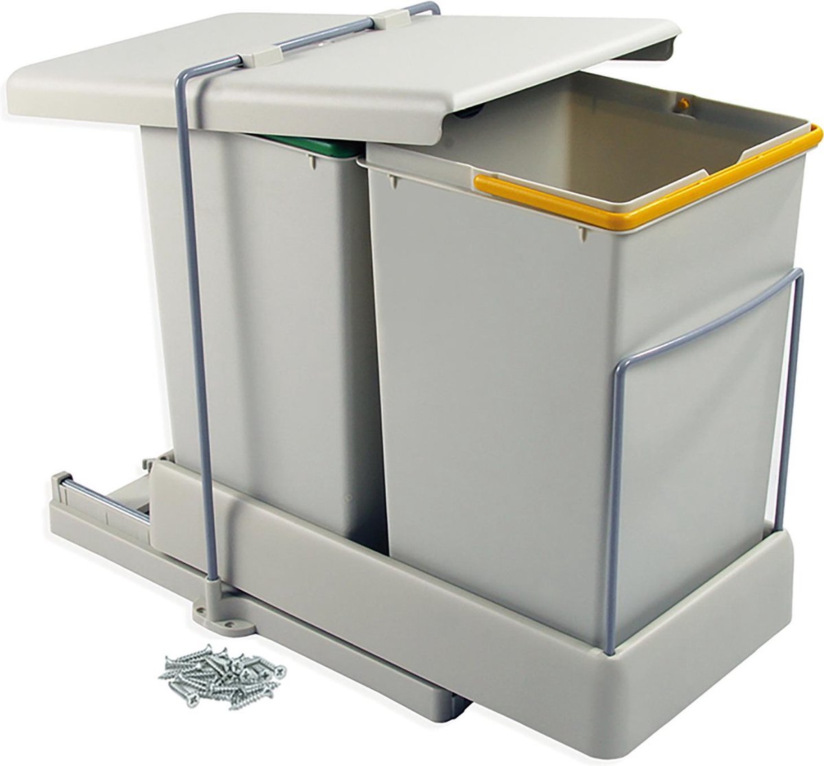 Emuca Recyclingcontainer, bodembevestiging, automatische extractie en deksel, 2 emmers van 14 liter, Kunststof, Grijs
