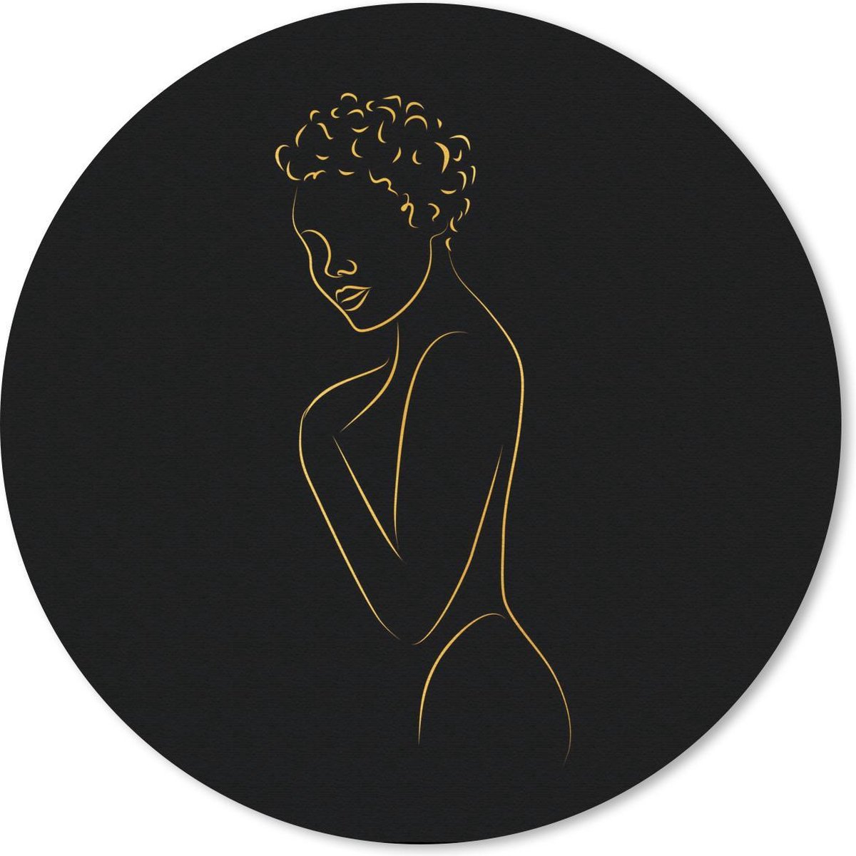 Muismat rond 30x30 cm - Mousepad Vrouw - Zwart - Goud - Line art - Ronde muismatten