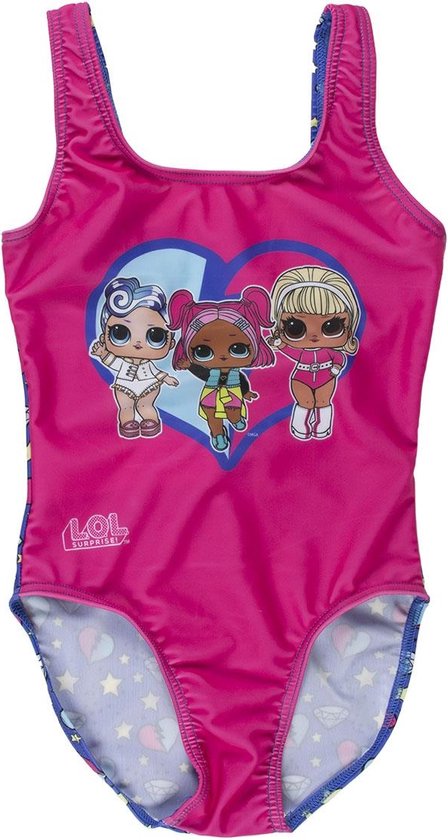 Roze zwempak met LOL Surprise poppen op het voorpand, blauwe zijkanten met hartjes- en sterrenprint.
