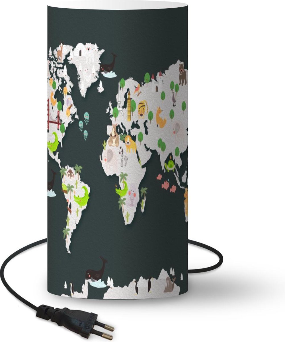 Lamp - Nachtlampje - Tafellamp slaapkamer - Wereldkaart - Kinderen - Dieren - 54 cm hoog - Ø24.8 cm - Inclusief LED lamp