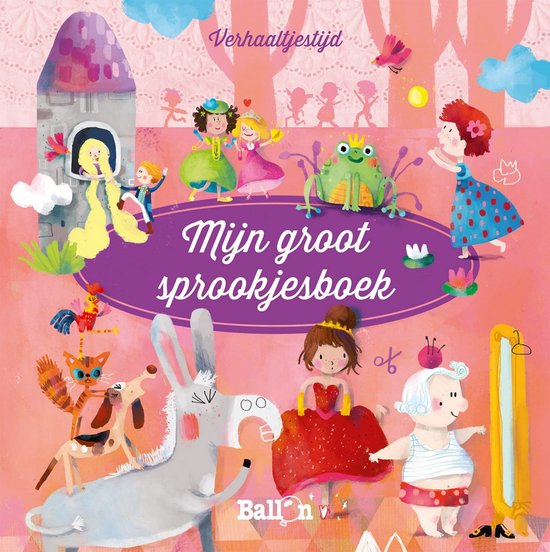 Couverture de 'Mon grand livre de contes de fées' avec des princesses, une grenouille, des animaux et le texte 'Mon grand livre de contes de fées'.