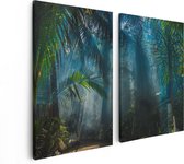 Artaza Canvas Schilderij Tweeluik Dichtbegroeide Jungle Met Zonnestralen  - 80x60 - Foto Op Canvas - Canvas Print