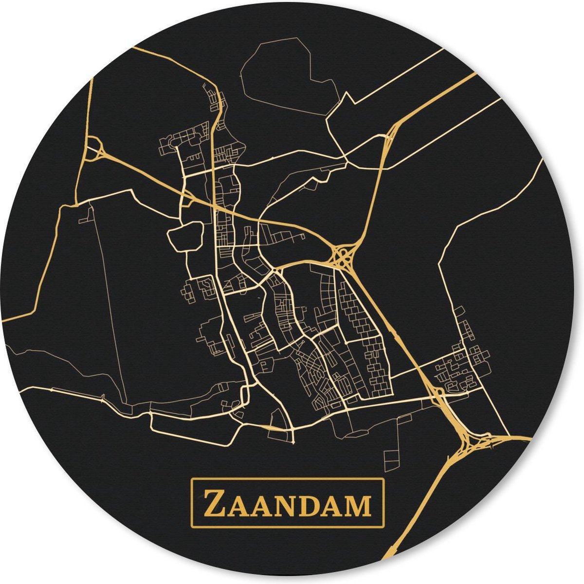 Muismat rond 50x50 cm - Mousepad Kaart - Zaandam - Zwart - Goud - Ronde muismatten