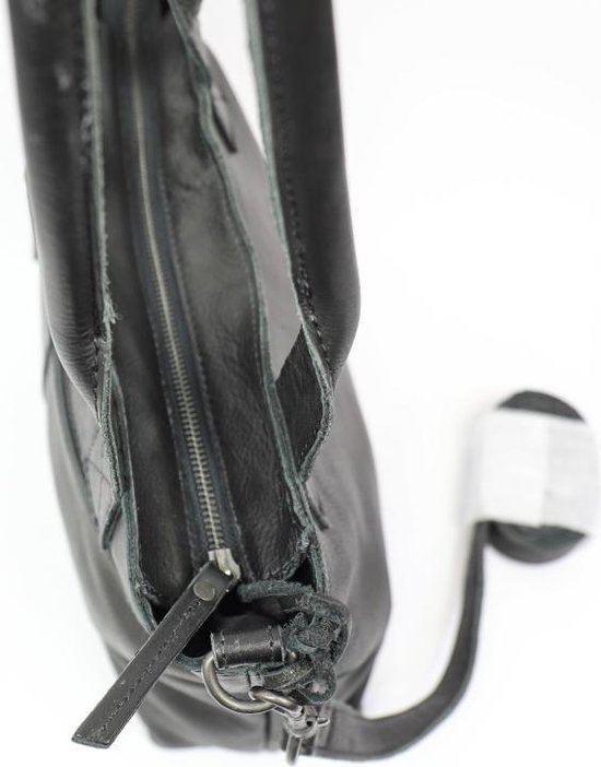 Vue de dessus d'une partie d'un sac à main noir en cuir avec fermeture éclair.
