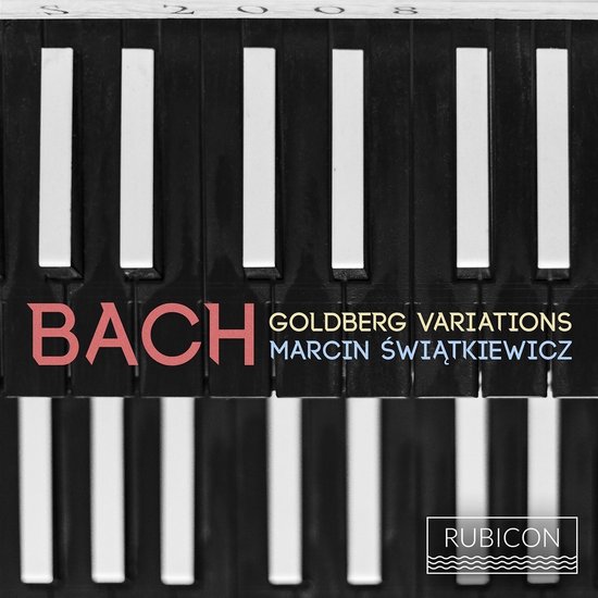 CD-hoes met de tekst "BACH GOLDBERG VARIATIONS MARCIN ŚWIĄTKIEWICZ" op een achtergrond van een klavecimbel toetsenbord.