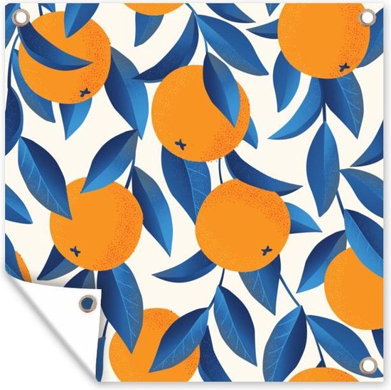 Tuinposters Sinaasappel - Blauw - Design - 50x50 cm - Tuindoek - Buitenposter