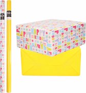 4x Rollen kraft inpakpapier happy birthday pakket - geel 200 x 70 cm - cadeau/verzendpapier