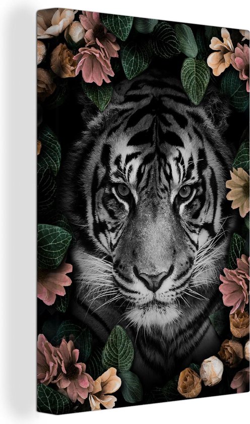 Schilderij tijger - Tijger - Close up - Zwart-wit - Bloemen - Bladeren - Tijger canvas - Foto op canvas - Wanddecoratie - 60x90 cm