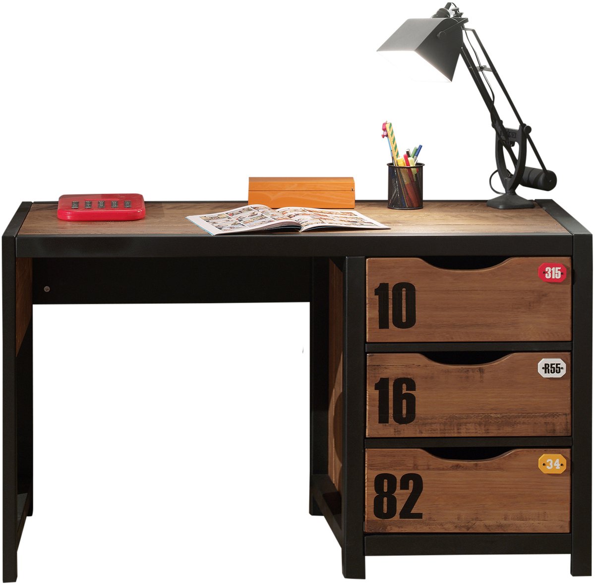 Bureau Lu Lucas Zwart - Grenen - 130x60cm - Met opbergruimte - Hoogte 75 cm - Met lades
